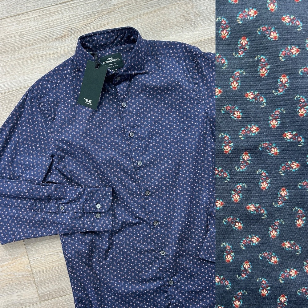 NWT Rodd & Gunn Small Treeline Ridge Navy Paisley Sports Fit Button Up